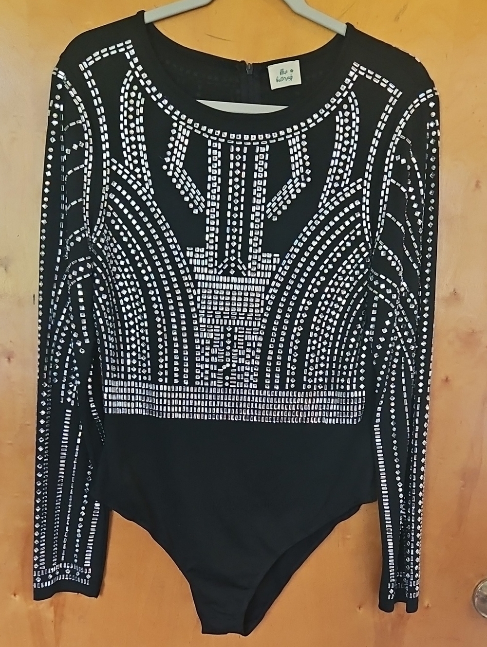 Long-Sleeve Black Embellished One-Piece Bodysuit